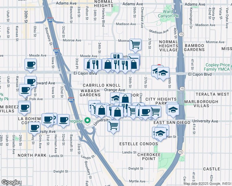 map of restaurants, bars, coffee shops, grocery stores, and more near 4175 35th Street in San Diego