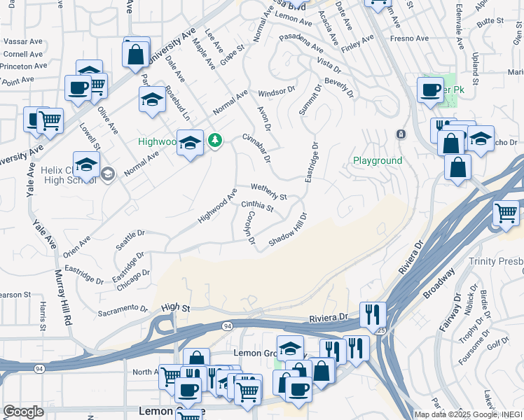 map of restaurants, bars, coffee shops, grocery stores, and more near 7953 Cinthia Street in La Mesa
