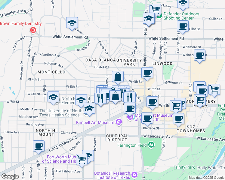 map of restaurants, bars, coffee shops, grocery stores, and more near 3317 West 5th Street in Fort Worth