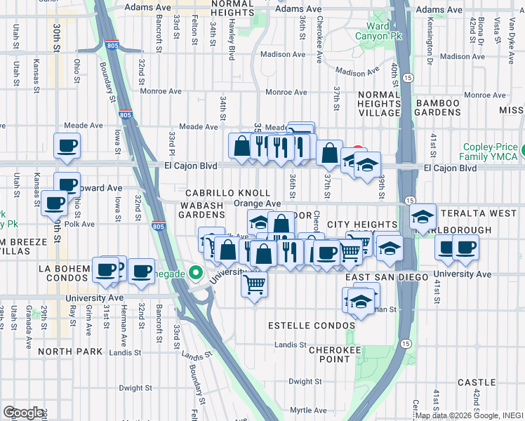 map of restaurants, bars, coffee shops, grocery stores, and more near 4175 35th Street in San Diego