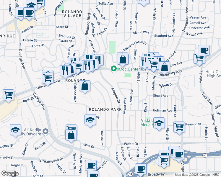 map of restaurants, bars, coffee shops, grocery stores, and more near 4152 Aragon Drive in San Diego