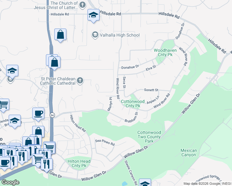 map of restaurants, bars, coffee shops, grocery stores, and more near 2084 Wind River Road in El Cajon
