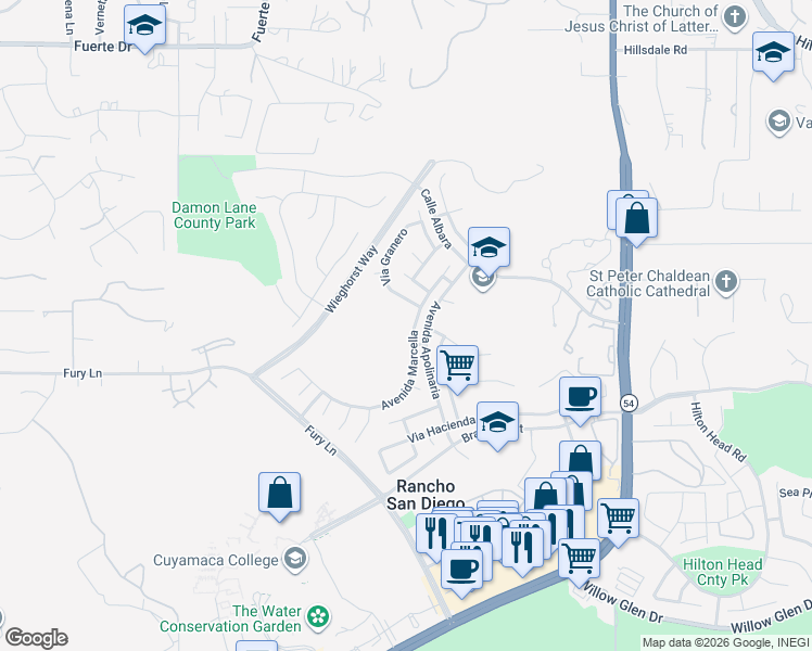 map of restaurants, bars, coffee shops, grocery stores, and more near 11843 Avenida Marcella in El Cajon