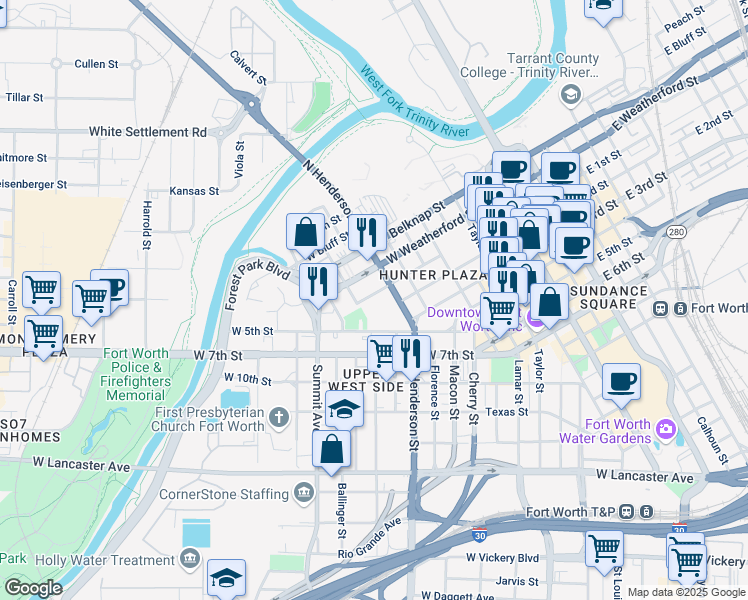 map of restaurants, bars, coffee shops, grocery stores, and more near 901 West 1st Street in Fort Worth