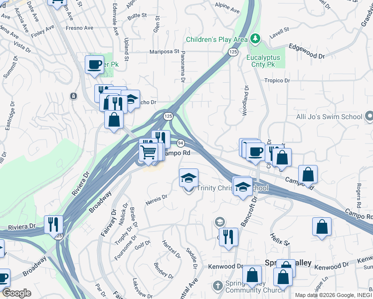 map of restaurants, bars, coffee shops, grocery stores, and more near Campo Road in La Mesa