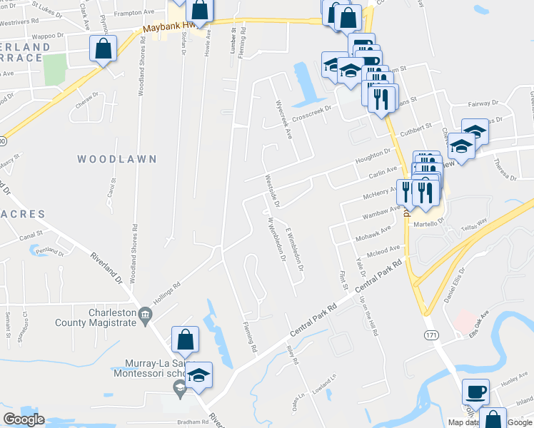 map of restaurants, bars, coffee shops, grocery stores, and more near 481 Wimbledon Court in Charleston