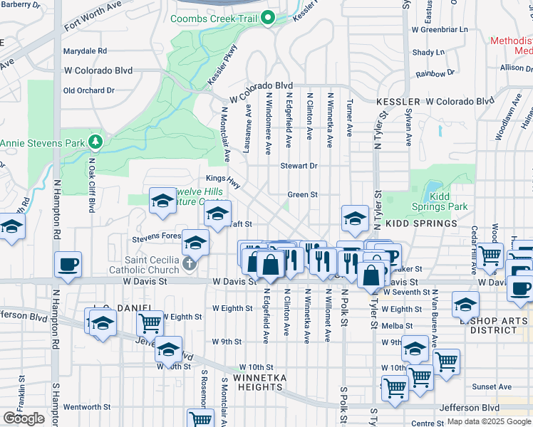 map of restaurants, bars, coffee shops, grocery stores, and more near 1410 Kings Highway in Dallas