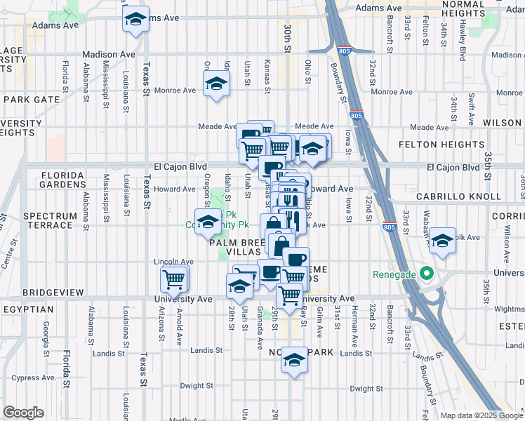 map of restaurants, bars, coffee shops, grocery stores, and more near 4138 Kansas Street in San Diego