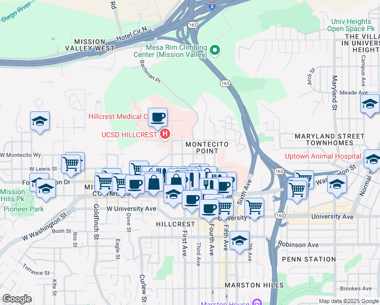 map of restaurants, bars, coffee shops, grocery stores, and more near 4136 Bachman Place in San Diego