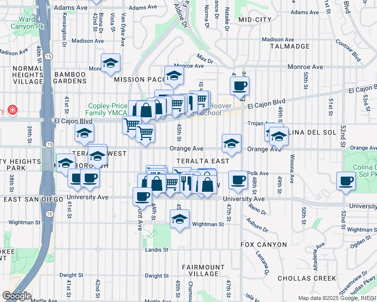 map of restaurants, bars, coffee shops, grocery stores, and more near 4163 45th Street in San Diego