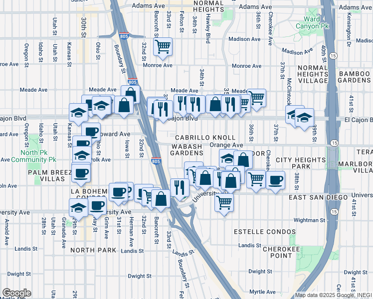map of restaurants, bars, coffee shops, grocery stores, and more near 4175 Wabash Avenue in San Diego