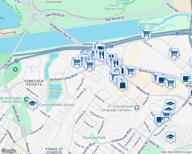 map of restaurants, bars, coffee shops, grocery stores, and more near 3151 Groton Way in San Diego