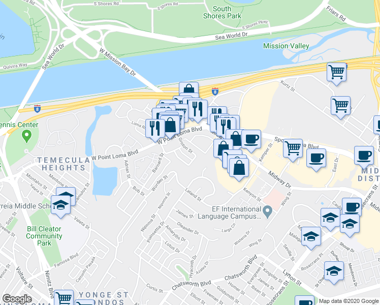 map of restaurants, bars, coffee shops, grocery stores, and more near 3820 Groton Street in San Diego