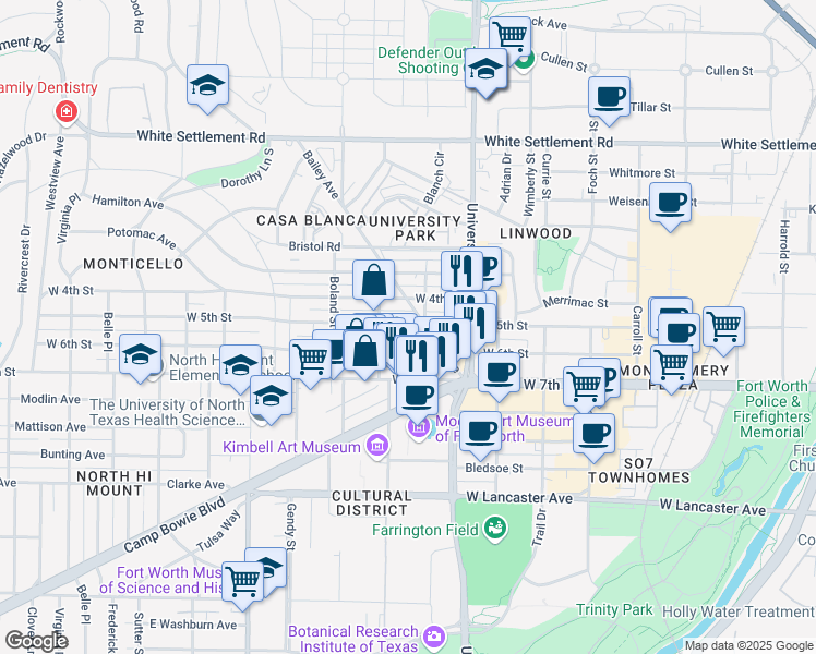 map of restaurants, bars, coffee shops, grocery stores, and more near 600 Bailey Avenue in Fort Worth