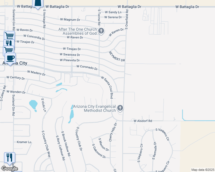 map of restaurants, bars, coffee shops, grocery stores, and more near 8339 West Santa Cruz Boulevard in Arizona City