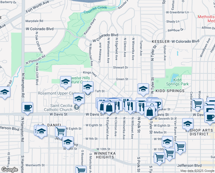 map of restaurants, bars, coffee shops, grocery stores, and more near 1412 Kings Highway in Dallas