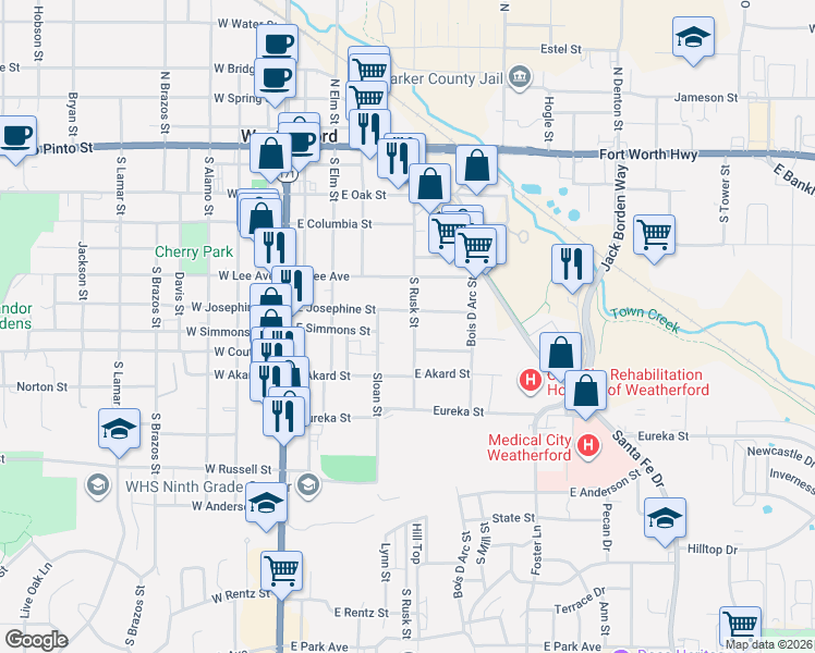 map of restaurants, bars, coffee shops, grocery stores, and more near 508 South Rusk Street in Weatherford