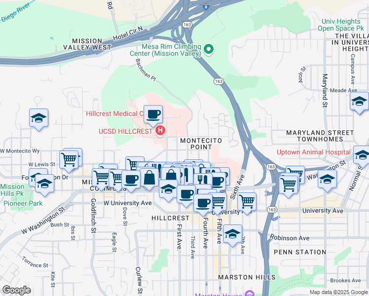 map of restaurants, bars, coffee shops, grocery stores, and more near 4152 Bachman Place in San Diego