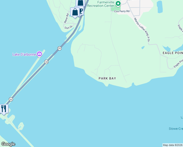 map of restaurants, bars, coffee shops, grocery stores, and more near 411 Park Bay Drive in Farmerville
