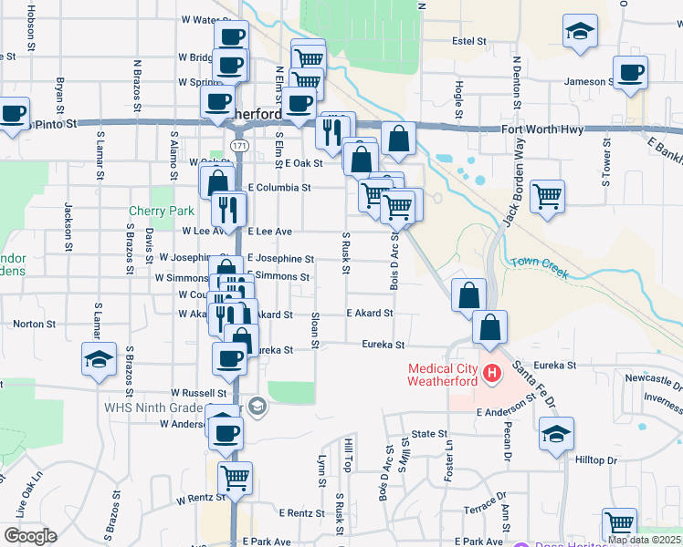 map of restaurants, bars, coffee shops, grocery stores, and more near 508 South Rusk Street in Weatherford