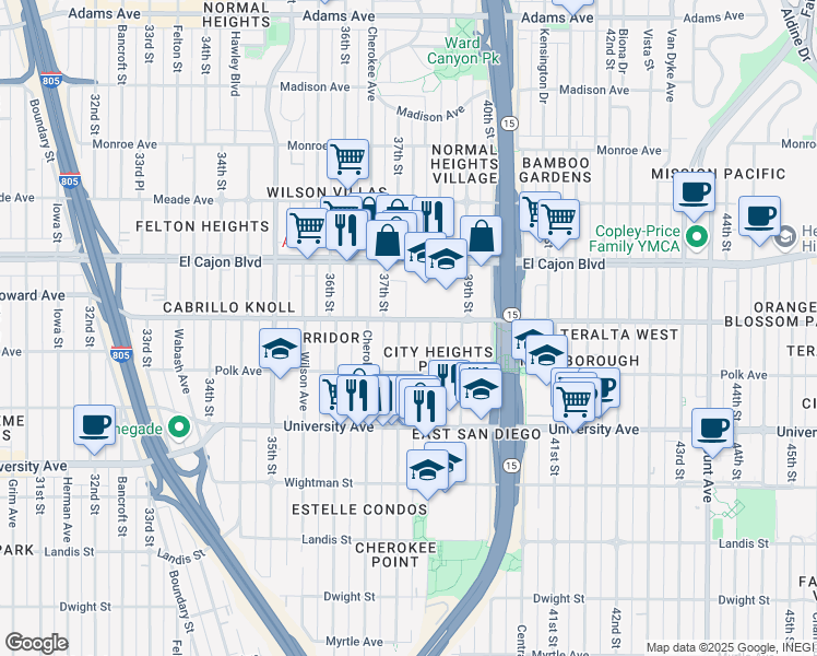 map of restaurants, bars, coffee shops, grocery stores, and more near 4161 37th Street in San Diego
