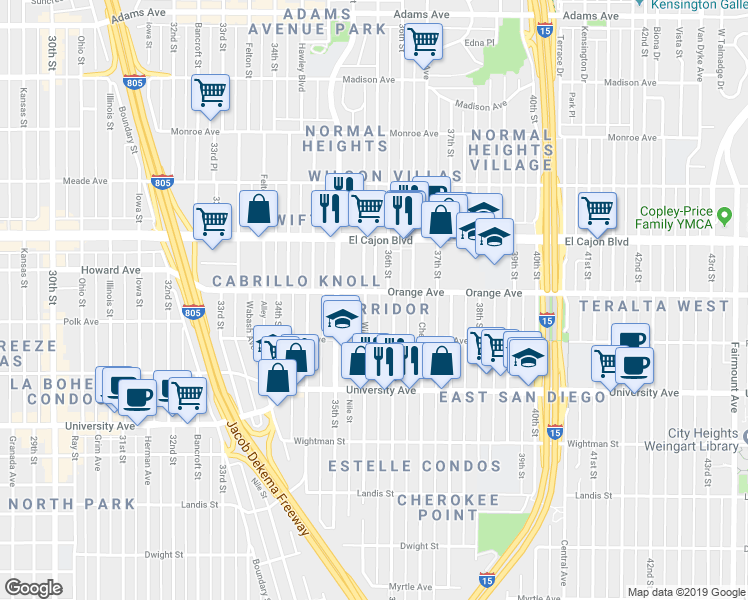 map of restaurants, bars, coffee shops, grocery stores, and more near 4152 Wilson Avenue in San Diego