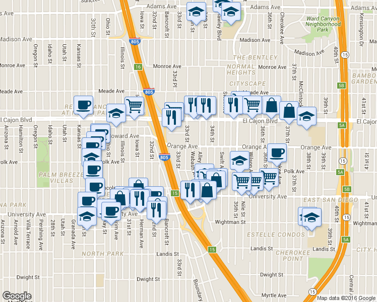 map of restaurants, bars, coffee shops, grocery stores, and more near 4149 Wabash Avenue in San Diego
