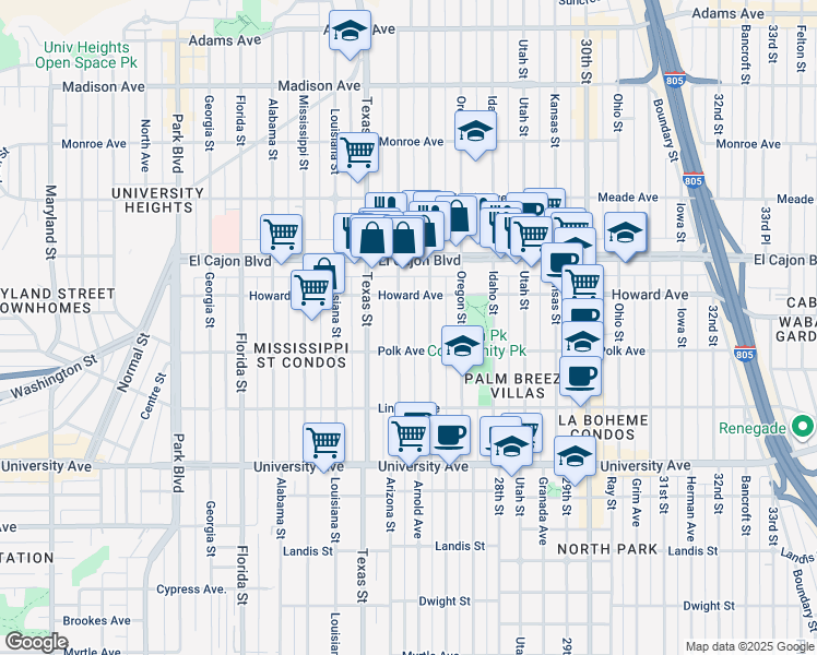 map of restaurants, bars, coffee shops, grocery stores, and more near 4114 Hamilton Street in San Diego