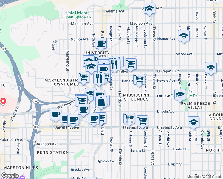 map of restaurants, bars, coffee shops, grocery stores, and more near 4114 Georgia Street in San Diego
