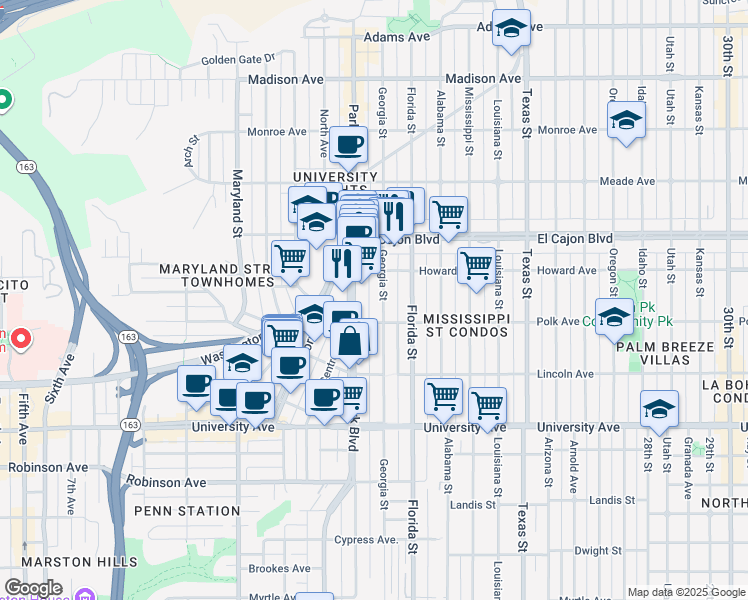 map of restaurants, bars, coffee shops, grocery stores, and more near 4114 Georgia Street in San Diego
