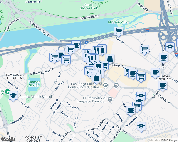 map of restaurants, bars, coffee shops, grocery stores, and more near 3695 Midway Drive in San Diego