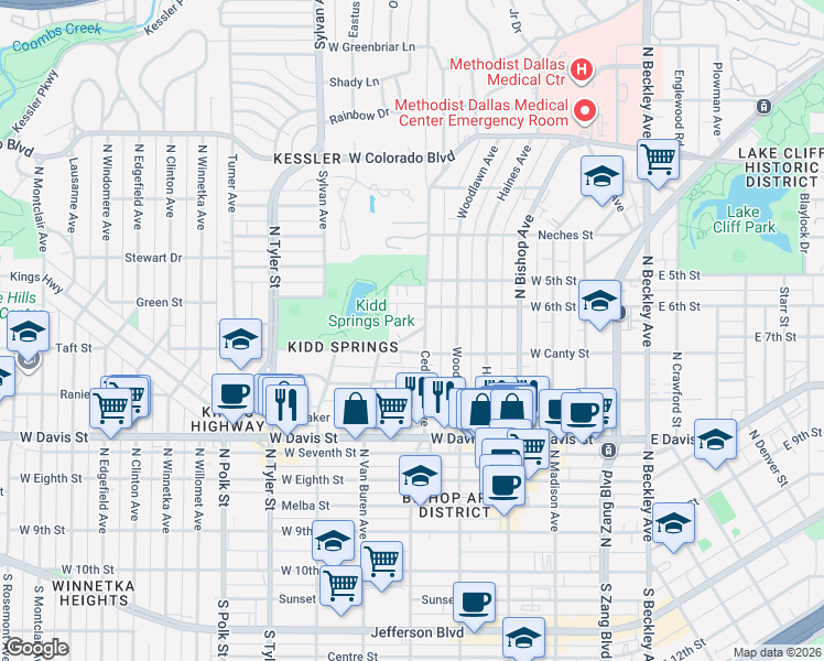 map of restaurants, bars, coffee shops, grocery stores, and more near 627 West Canty Street in Dallas