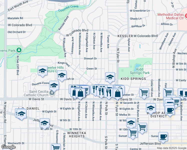 map of restaurants, bars, coffee shops, grocery stores, and more near 814 North Clinton Avenue in Dallas