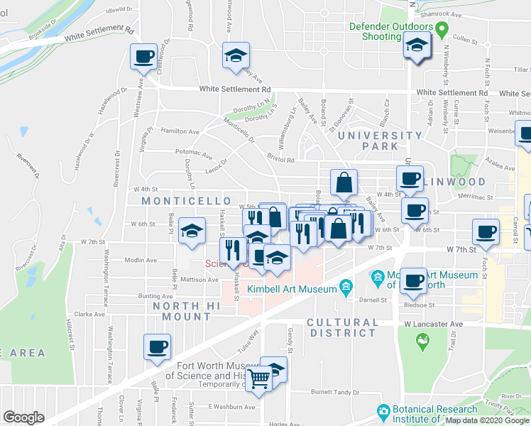 map of restaurants, bars, coffee shops, grocery stores, and more near 3564 West 6th Street in Fort Worth