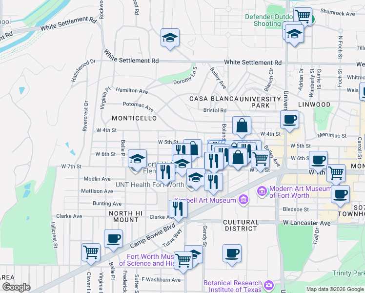 map of restaurants, bars, coffee shops, grocery stores, and more near 3700 West 6th Street in Fort Worth