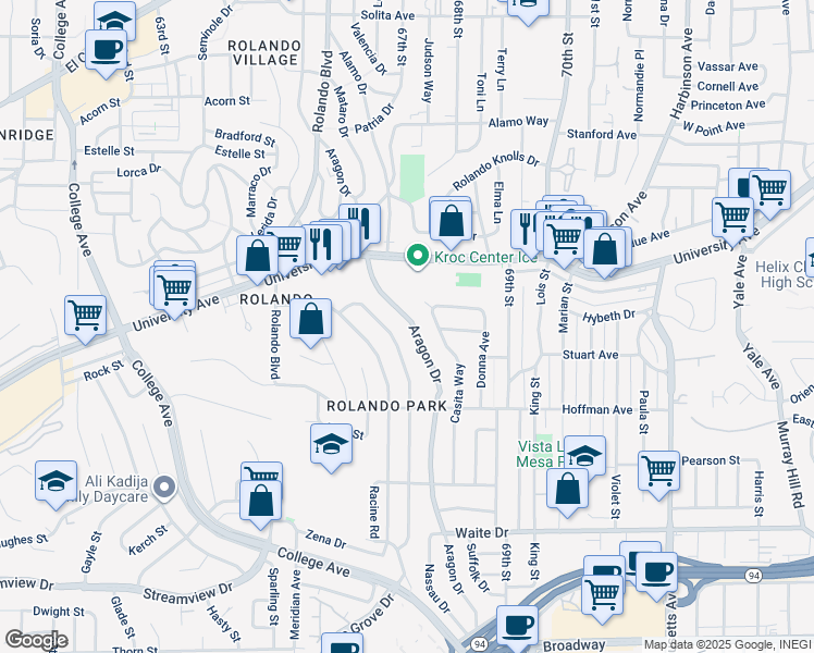 map of restaurants, bars, coffee shops, grocery stores, and more near 4152 Aragon Drive in San Diego