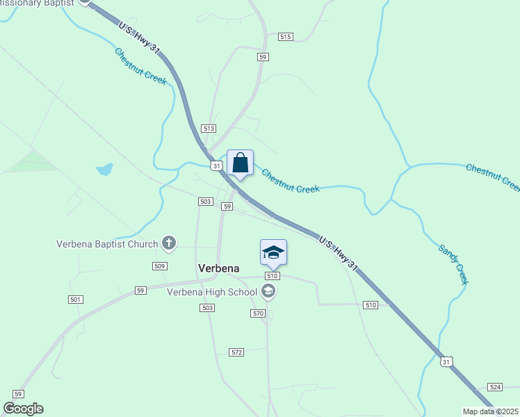map of restaurants, bars, coffee shops, grocery stores, and more near U.S. Highway 31 in Verbena