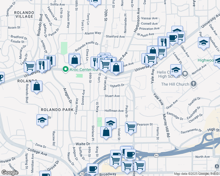 map of restaurants, bars, coffee shops, grocery stores, and more near 4145 Marian Street in La Mesa
