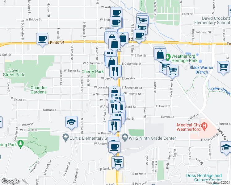 map of restaurants, bars, coffee shops, grocery stores, and more near 106 West Simmons Avenue in Weatherford