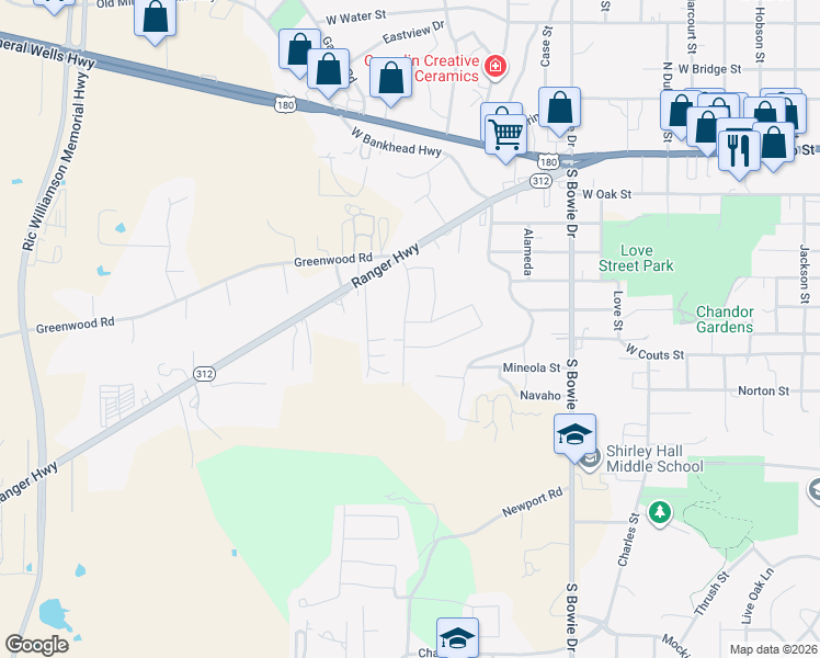 map of restaurants, bars, coffee shops, grocery stores, and more near 102 Water Oak Lane in Weatherford