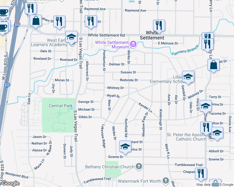 map of restaurants, bars, coffee shops, grocery stores, and more near 8501 Wyatt Drive in Fort Worth