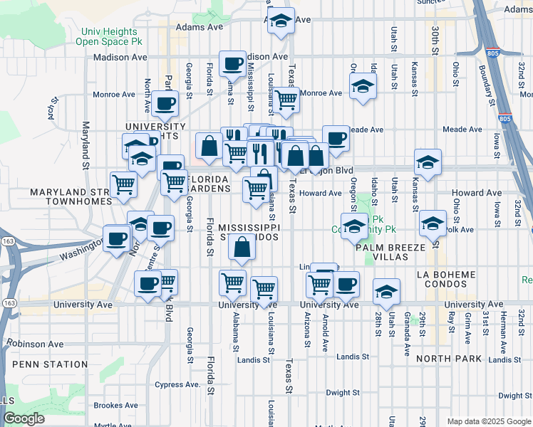 map of restaurants, bars, coffee shops, grocery stores, and more near 4115 Mississippi Street in San Diego