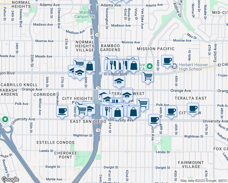 map of restaurants, bars, coffee shops, grocery stores, and more near 4119 Orange Avenue in San Diego