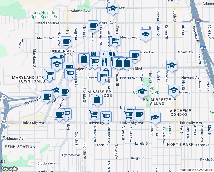 map of restaurants, bars, coffee shops, grocery stores, and more near 4142 Louisiana Street in San Diego
