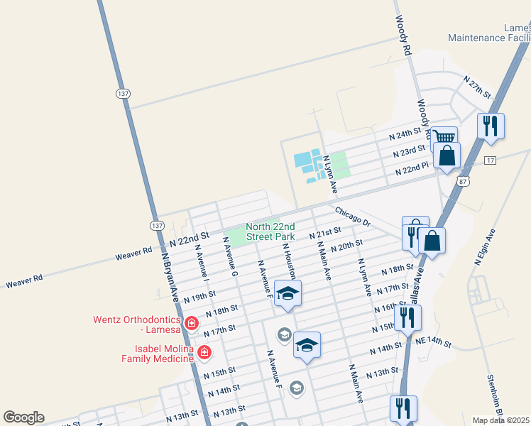 map of restaurants, bars, coffee shops, grocery stores, and more near 700-716 North 22nd Street in Lamesa