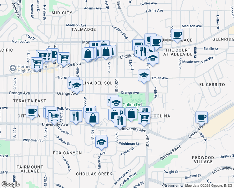 map of restaurants, bars, coffee shops, grocery stores, and more near Orange Ave & 52nd St in San Diego