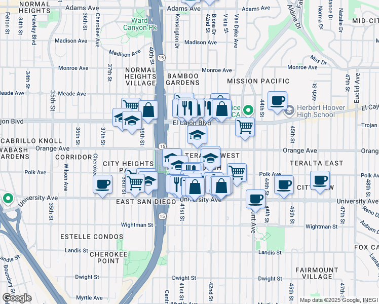 map of restaurants, bars, coffee shops, grocery stores, and more near 4119 Orange Avenue in San Diego