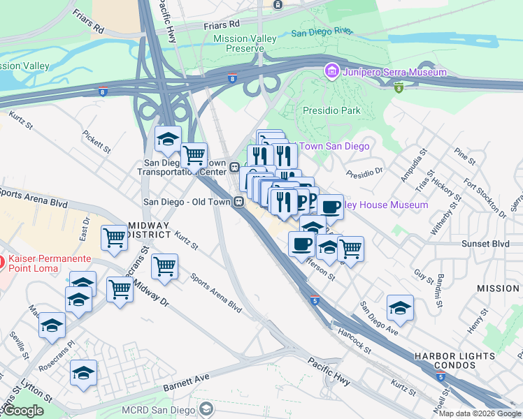 map of restaurants, bars, coffee shops, grocery stores, and more near San Diego Freeway in San Diego