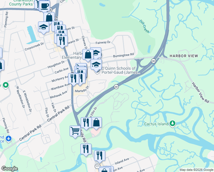 map of restaurants, bars, coffee shops, grocery stores, and more near 2212 Telfair Way in Charleston