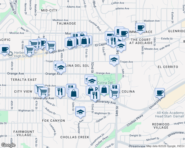map of restaurants, bars, coffee shops, grocery stores, and more near Orange Ave & 52nd St in San Diego